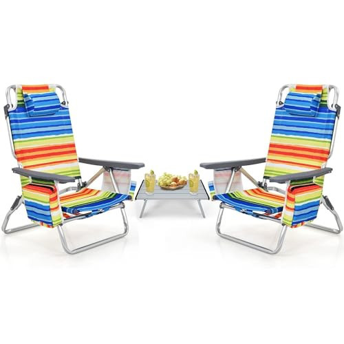 COSTWAY Backpack Beach Chairs Set, 3-Piece Portable Camping Chairs with Cup Holder, Ice Bag, 5-Position Outdoor Reclining Chairs for Adults, Travel, Sunbathing, Support 300 LBS, Multi Color | Amazon (US)