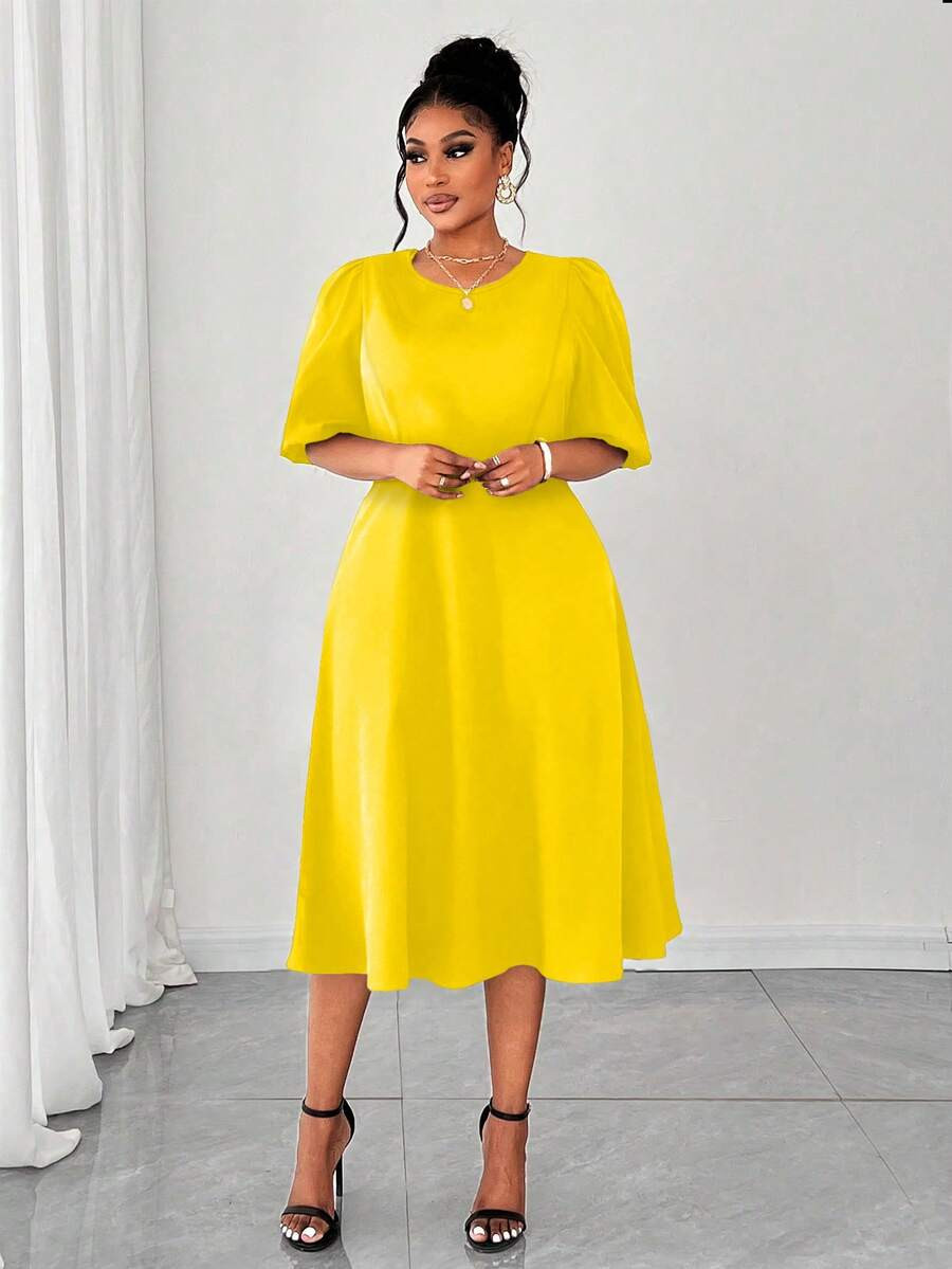 Maweii Plus Size Women Solid Color Round Neck Elegant Woven Puff Sleeve Dress Summer Modest Dress... | SHEIN