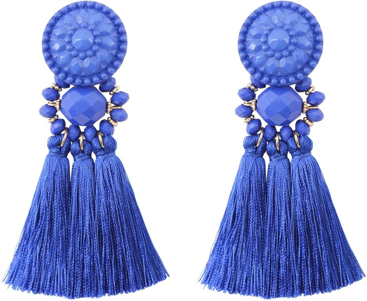 boderier Bohemian Statement Thread Tassel Chandelier Drop Dangle Earrings with Cassandra Button S... | Amazon (US)