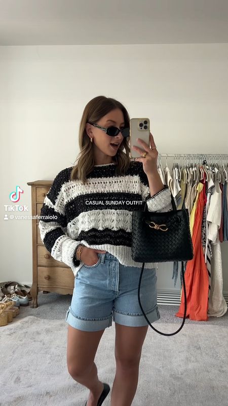 6/16/24 Casual outfit 🫶🏼 Summer fashion, summer outfits, Agolde shorts, denim shorts, Agolde fold over shorts, black and white striped sweater, summer sweaters, summer outfit inspo, casual summer outfits 
