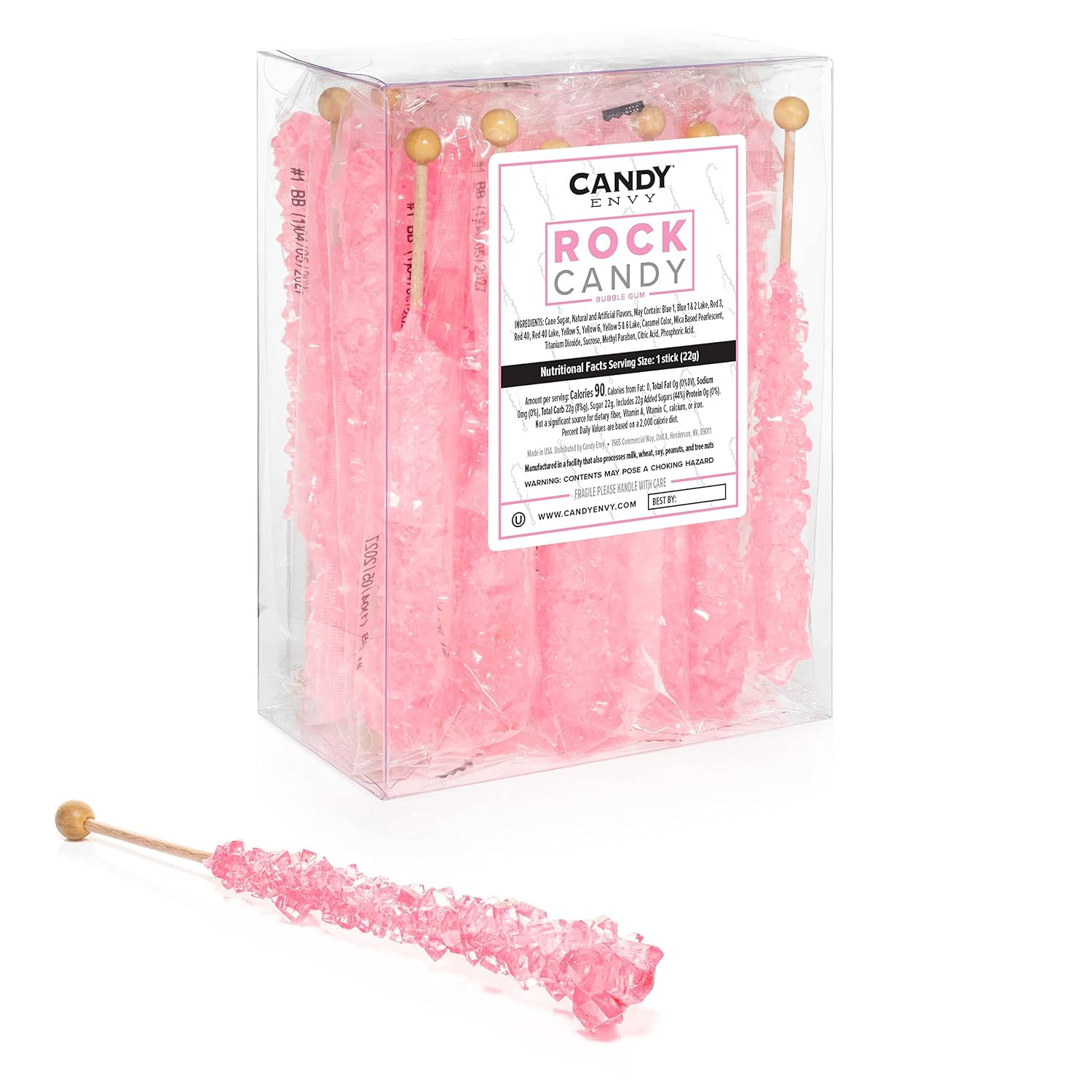 Candy Envy - Light Pink Rock Candy Sugar Sticks - Bubble Gum Flavored - 24 Indiv. Wrapped Bulk Ca... | Amazon (US)