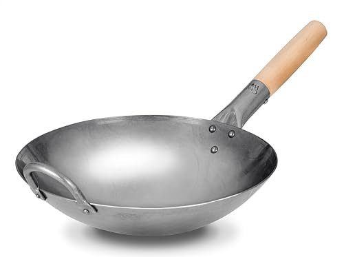 Craft Wok Traditional Hand Hammered Chinese Carbon Steel Wok with Wooden and Steel Helper Handle (12 Inch, Round Bottom Pow Wok Pan) / 731W88-12in | Amazon (US)