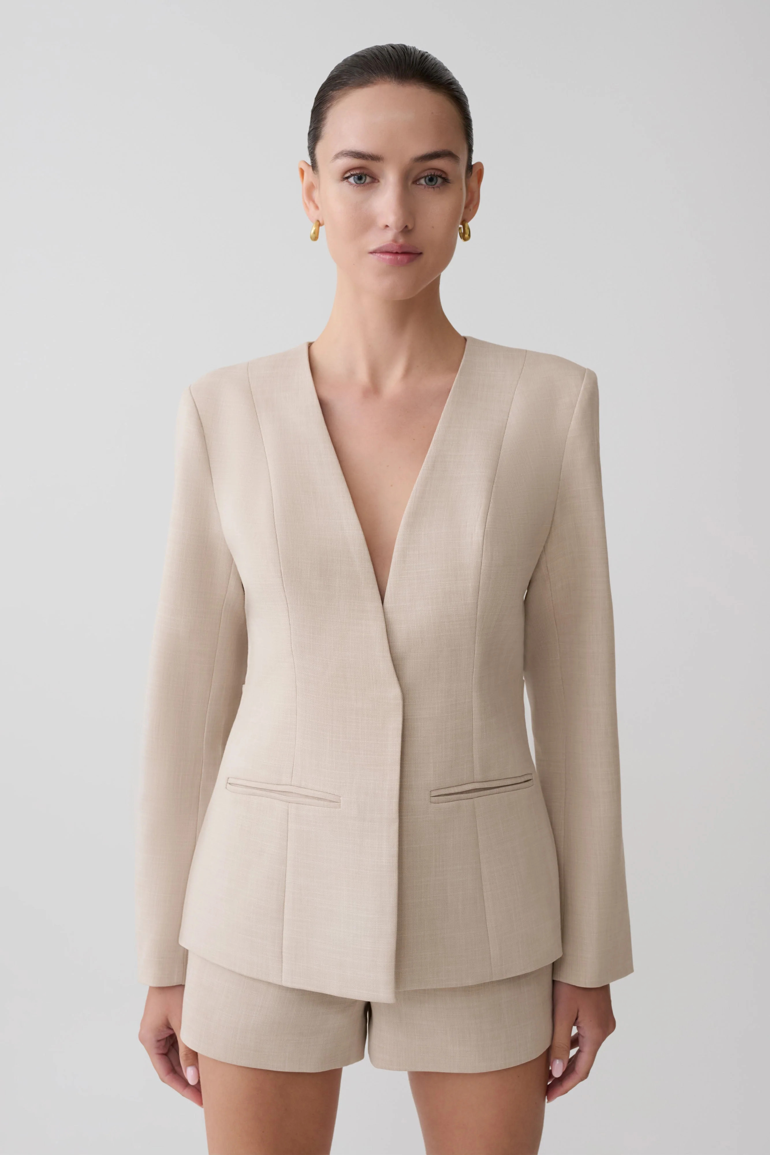 Collarless Suiting Blazer - Natural Marle | MESHKI US