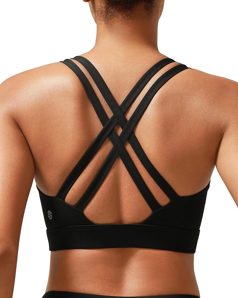 Sports Bras for Women, Medium-High Support Strappy Padded Running Sports Bras with Removable Cups | Amazon (US)