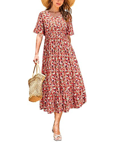 STYLEWORD Womens Summer Dresses Casual Short Sleeve Maxi Dress Flowy Midi Beach Vacation Outfits Spring Dress(Floral06,XL) | Amazon (US)