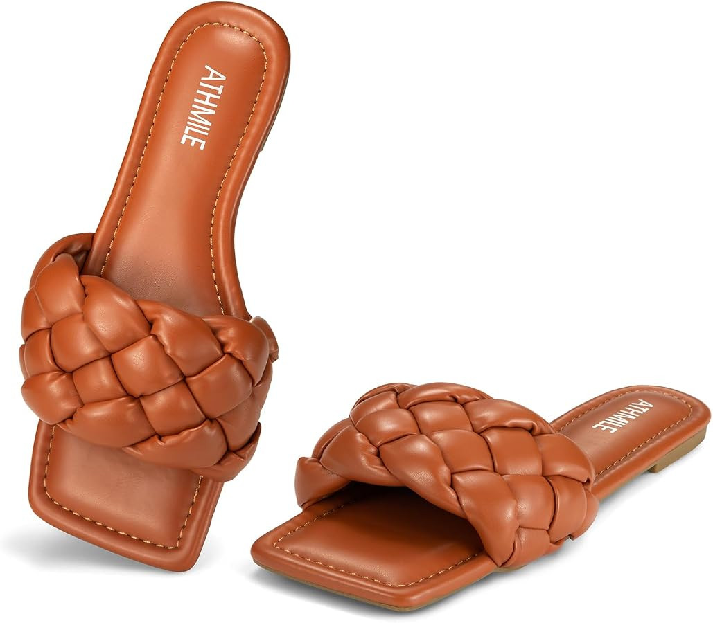 ATHMILE Braided Womens Sandals 2026 Square Open Toe Fashion Slide Sandals Women Dressy Summer Fla... | Amazon (US)