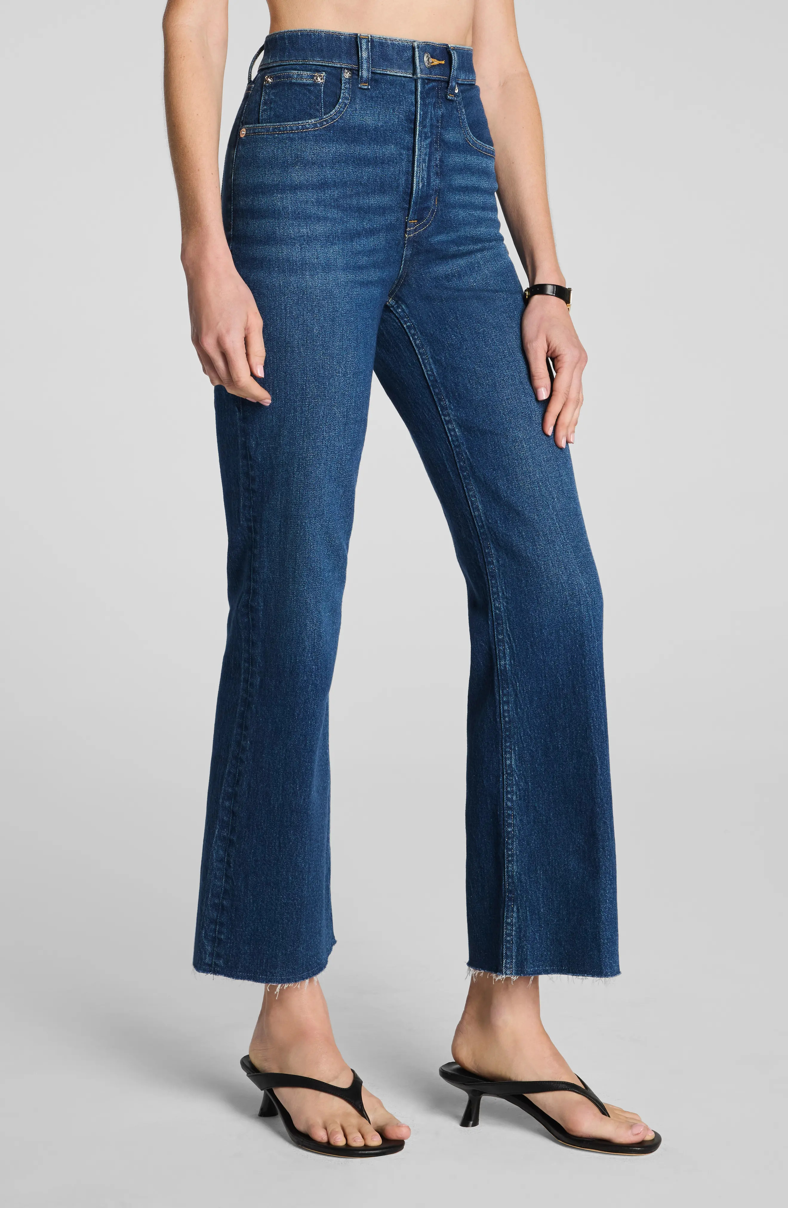 SPANX® Raw Hem High Waist Kick Flare Jeans in Adriatic Blue at Nordstrom, Size 1X | Nordstrom