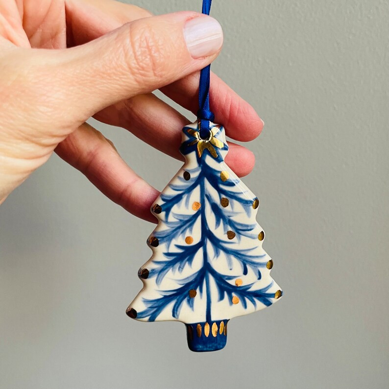 Hand Painted Ceramic Christmas Tree Ornament, Blue and White - Etsy | Etsy (US)
