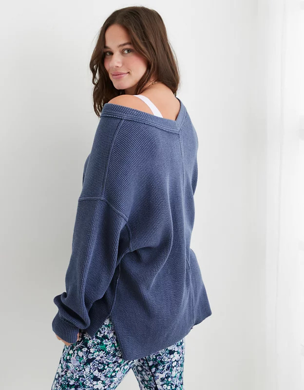 Aerie Wonder Textured V-Neck Sweatshirt | Aerie