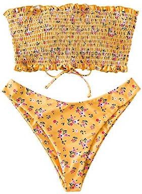 ZAFUL Women's Beach Swimwear Ditsy Print Smocked Lace Up High Leg Bandeau Bikini Swimsuit | Amazon (US)