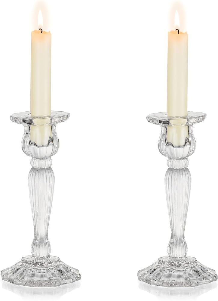Nuptio Glass Candlestick Candle Holder Set of 2 Taper Candle Holder Clear Candle Holders for Cand... | Amazon (US)