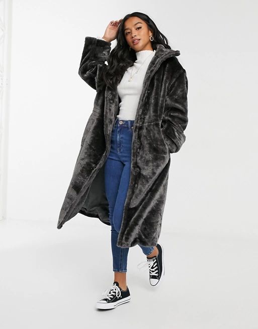 ASOS DESIGN Petite glam plush maxi coat with seam detailing in charcoal | ASOS (Global)