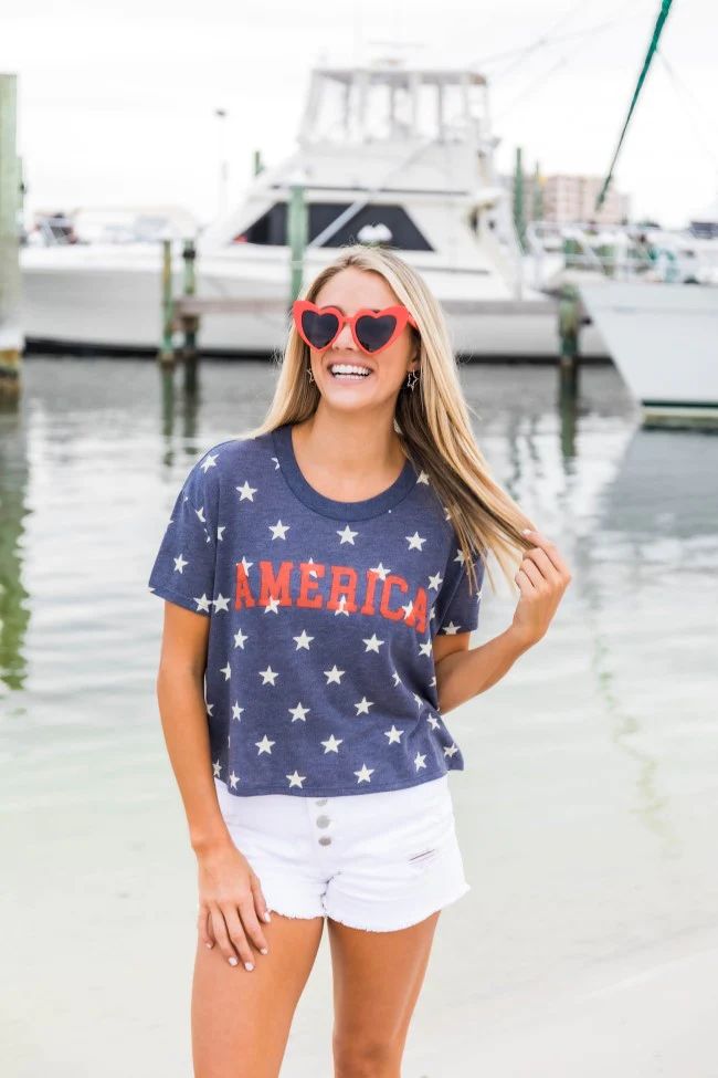 America Block Cropped Graphic Tee Navy | Pink Lily