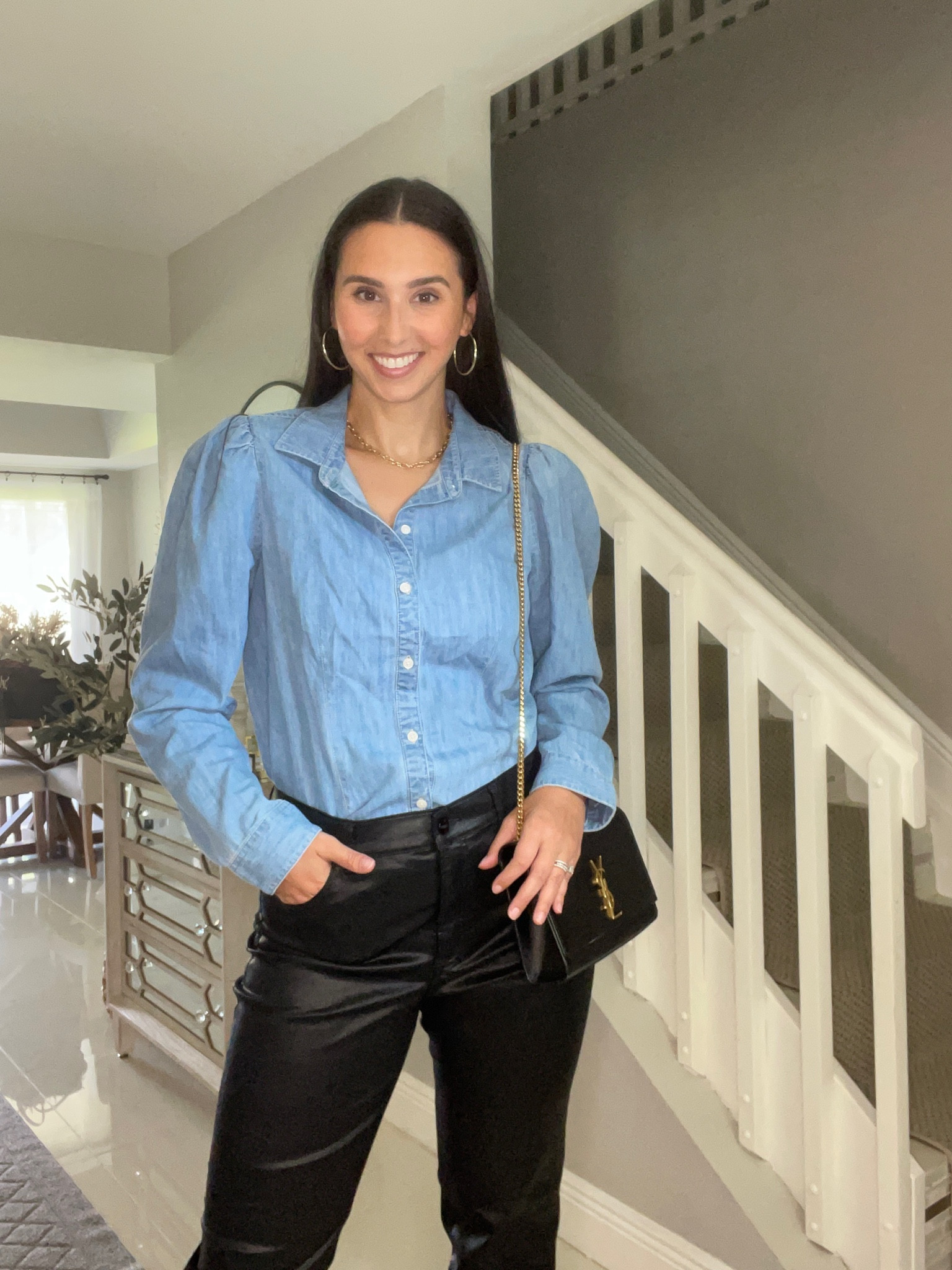 Express sale! This denim top and coated black faux leather jeans! 

#LTKunder100 #LTKstyletip #LTKsalealert