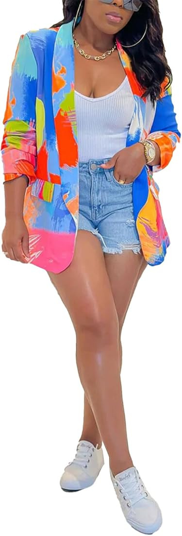 Womens Printed Blazer Jackets Long Sleeve Open Front Casual Multicolor Print Top | Amazon (US)
