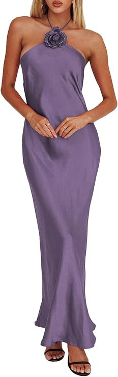 Summer Satin Halter Backless Maxi Dresses for Women 2025 Silk Sleeveless Formal Wedding Guest Lon... | Amazon (US)