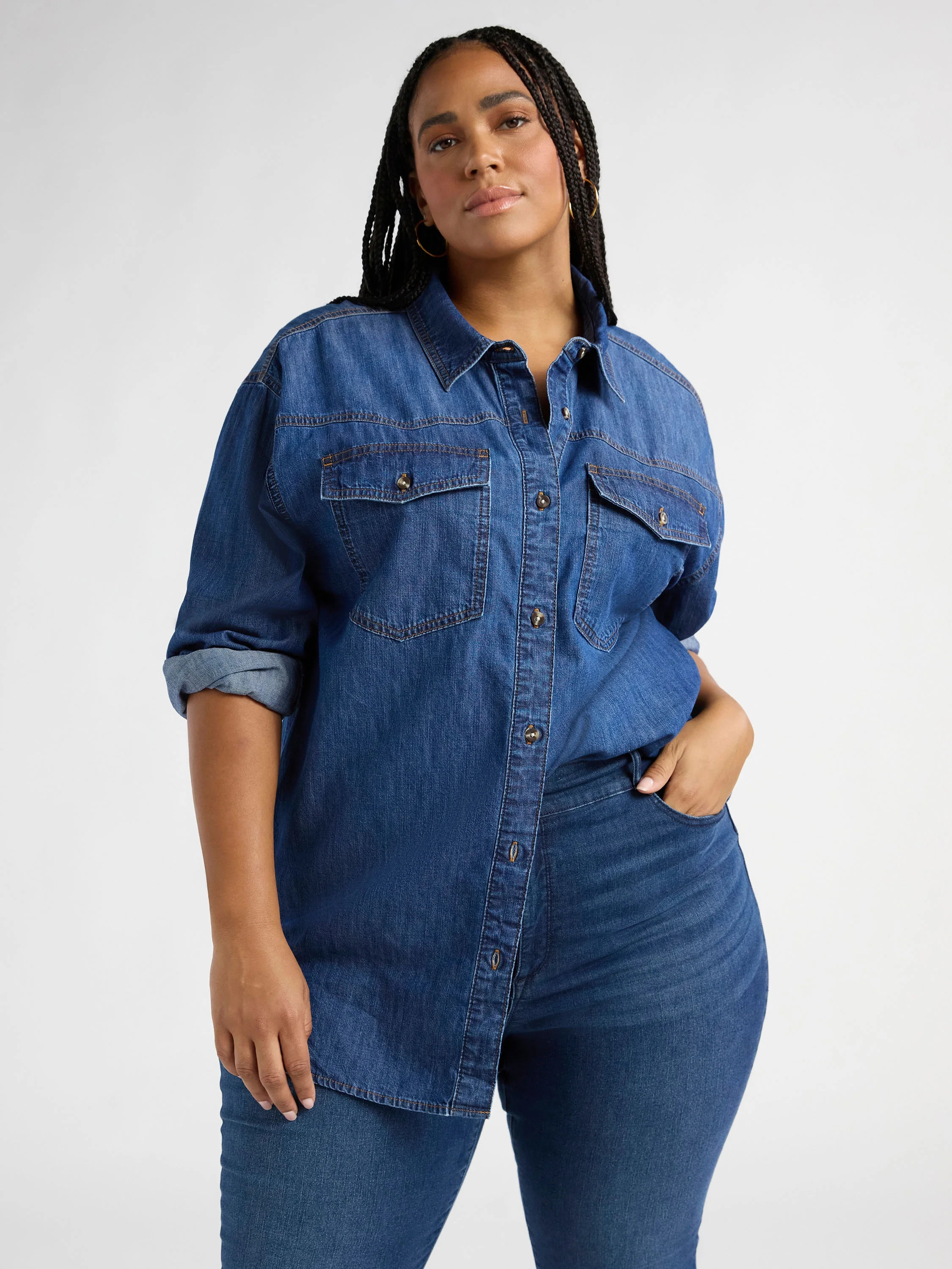 Sofia Jeans Women's and Women's Plus Sofia Oversized Boyfriend Shirt with Long Sleeves, Sizes XS-... | Walmart (US)