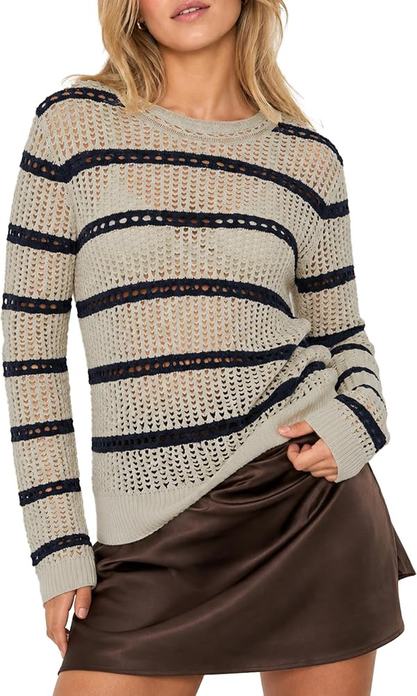 Women's Hollow Out Knit Striped Long Sleeve Sweater | Amazon (US)