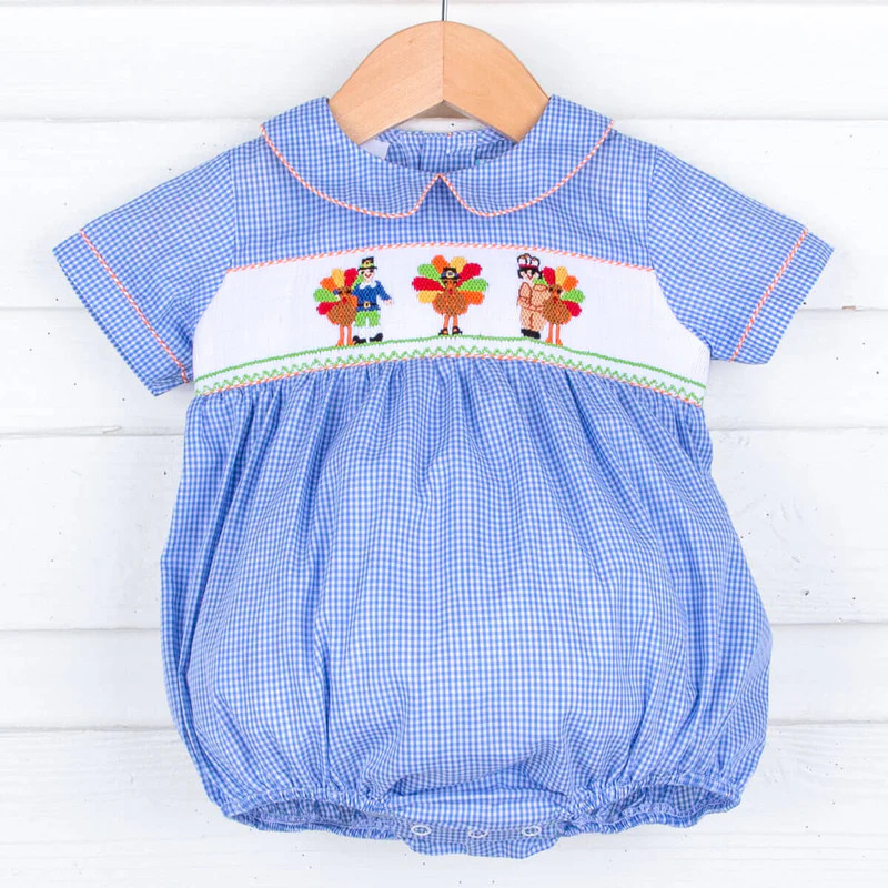 Pilgrim Turkey Blue Gingham Smocked Collared Bubble | Classic Whimsy