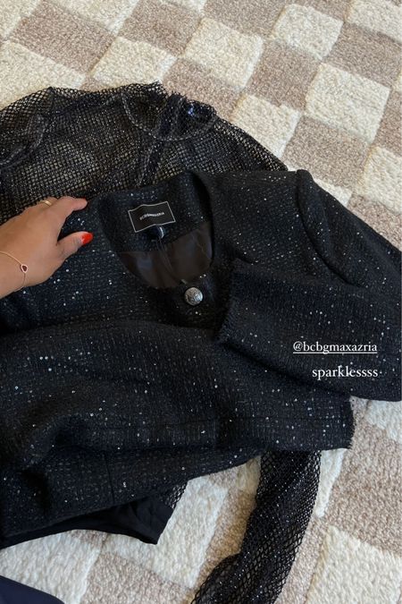 Holiday outfit pieces from BCBGMAXAZRIA - Sparkle dagger tweed jacket and sparkle mesh mock neck bodysuit - perfect to wear during the holiday season! 

#LTKHoliday #LTKSeasonal #LTKstyletip