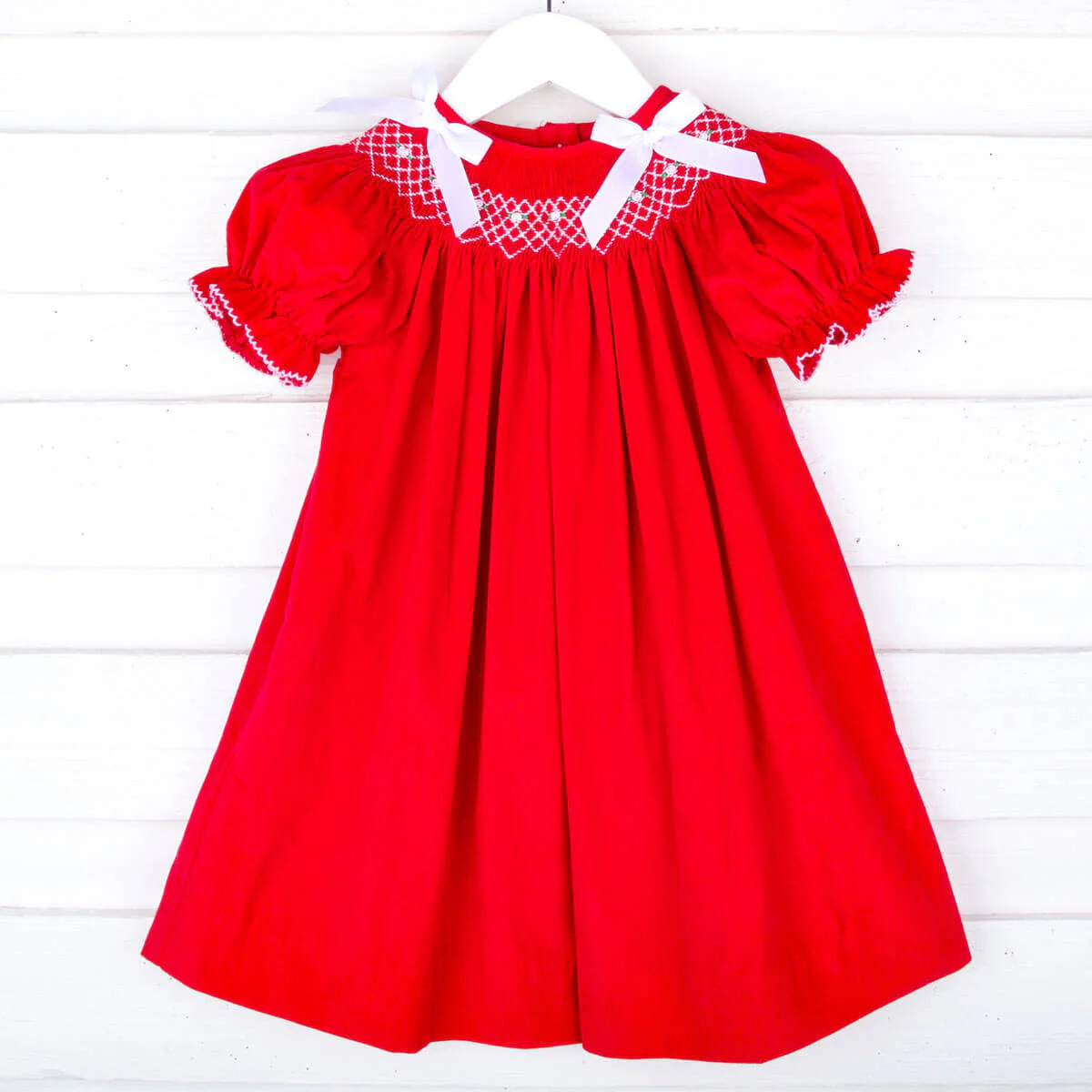 Solid Red Corduroy Smocked Bow Dress | Classic Whimsy