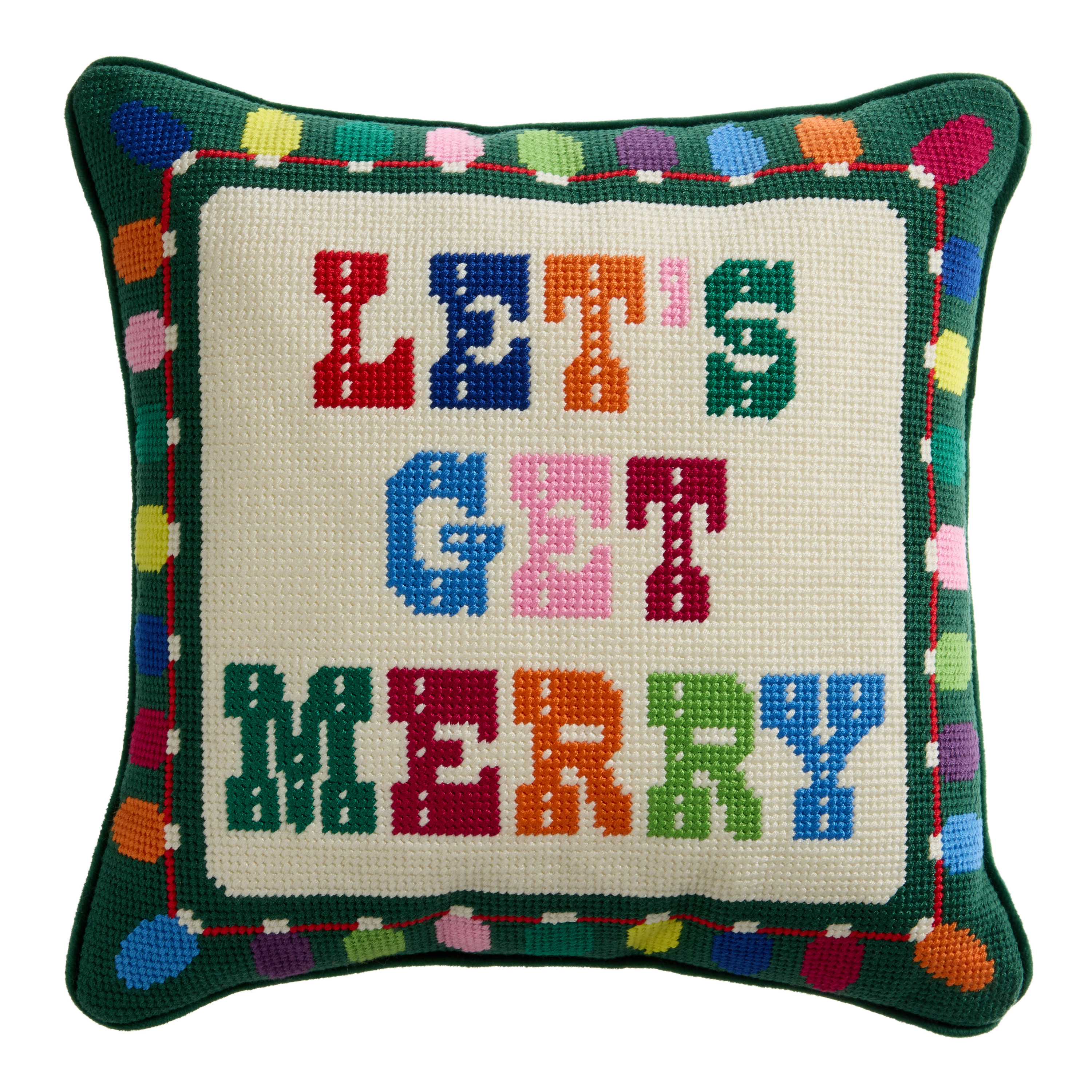 Small Multicolor Needlepoint Let's Get Merry Throw Pillow | World Market