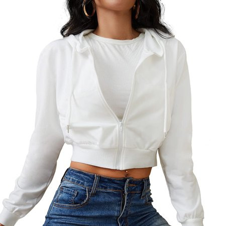 Hoodies For Women Women s Zip Up Hoodies Cropped Cardigan Jacket Drawstring Hooded Sweatshirts Casual Long Sleeve Top Solid White | Walmart (US)