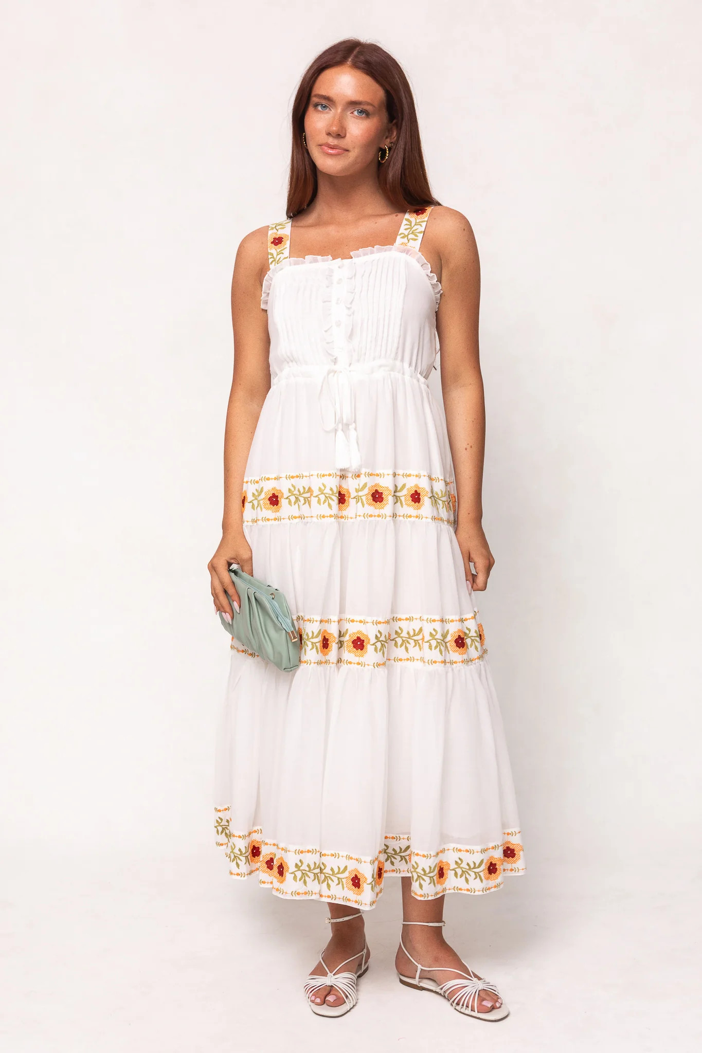 Katerina Dress in White with Floral Trim | Ivy City Co