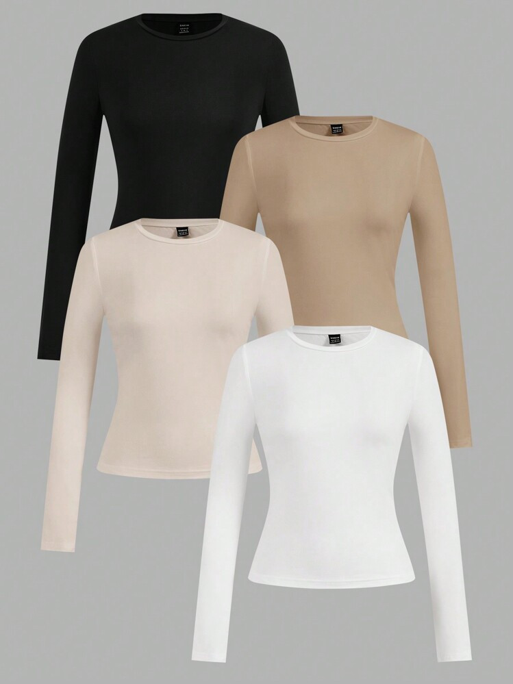 SHEIN EZwear 4-Piece Women's Essential Long Sleeve Tees, Crew Neck, Fitted Neutral Tops, Versatile Style Autumn And Winter | SHEIN