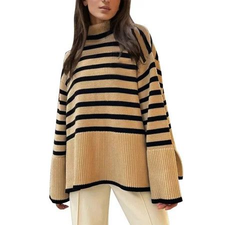 njshnmn Striped Sweaters for Women Casual Loose Pullover Sweater Long Sleeve Crewneck Sweaters Khaki L | Walmart (US)