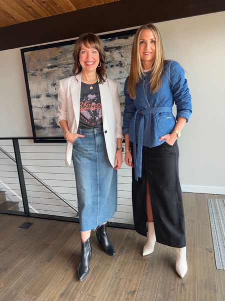 Denim midi and maxi skirts! The black one is twill actually! Styled with a white blazer and quilted denim jacket, graphic tee, and white boots. 

Free people, schutz, kohls, Draper James

#LTKstyletip #LTKworkwear #LTKunder100