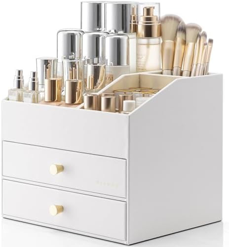 Vlando Makeup Organizer for Vanity,Large Capacity Countertop Organizer with Drawers, PU Leather C... | Amazon (US)