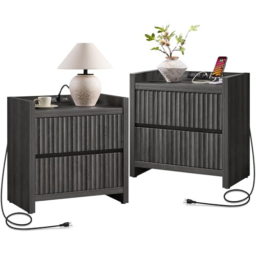 SICOTAS Night Stand Set of 2-Fluted Nightstands with Charger Station-Large Nightstand Bedside Table End Table with 2 Drawers, 25" Wide Mid Century Modern Night Stands for Bedroom-Black Oak | Amazon (US)