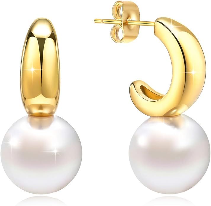 Chunky Gold/Silver Pearl Earrings for Women : Stainless Steel Big Pearl Drop Earrings Dangling fo... | Amazon (US)