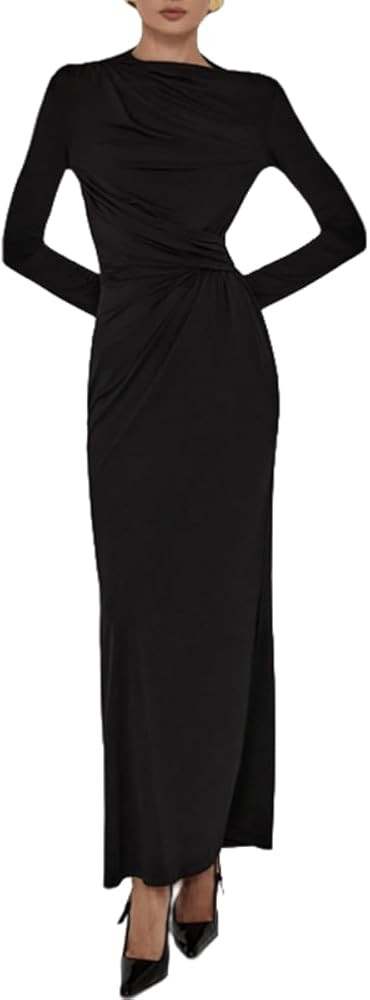 YOXUA Women Elegant Casual Long Sleeve Sexy Bodycon Lounge Temperament Crewneck Maxi Dress | Amazon (US)
