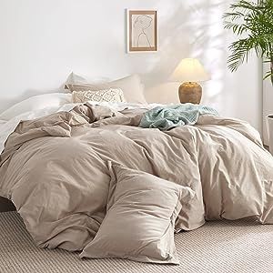 Bedsure 100% Washed Cotton Duvet Cover Queen - Warm Sand Minimalist Cotton Duvet Cover Set Linen ... | Amazon (US)