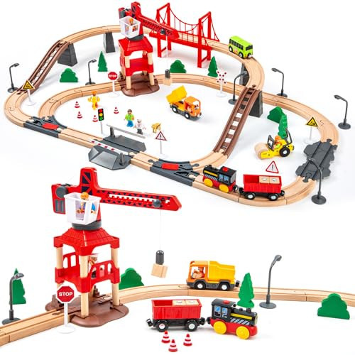 86pcs Wooden Train Set with Crane, Wooden Train Track Set Railway Kits Fits Thomas Brio IKEA Melissa and Doug, Christmas Train Toys for Kids & Toddlers 3-5 Years Old Boys and Girls | Amazon (US)