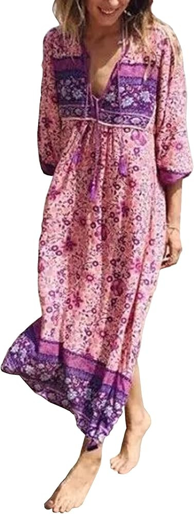 R.Vivimos Women's Long Sleeve Floral Print Retro V Neck Tassel Bohemian Midi Dresses | Amazon (US)