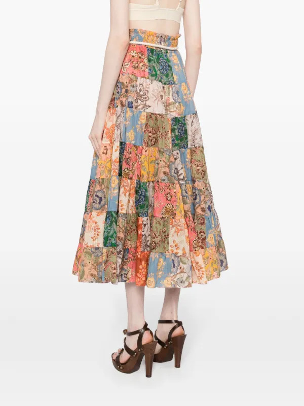 ZIMMERMANN Junie Patchwork Cotton Midi Skirt - Farfetch | Farfetch Global