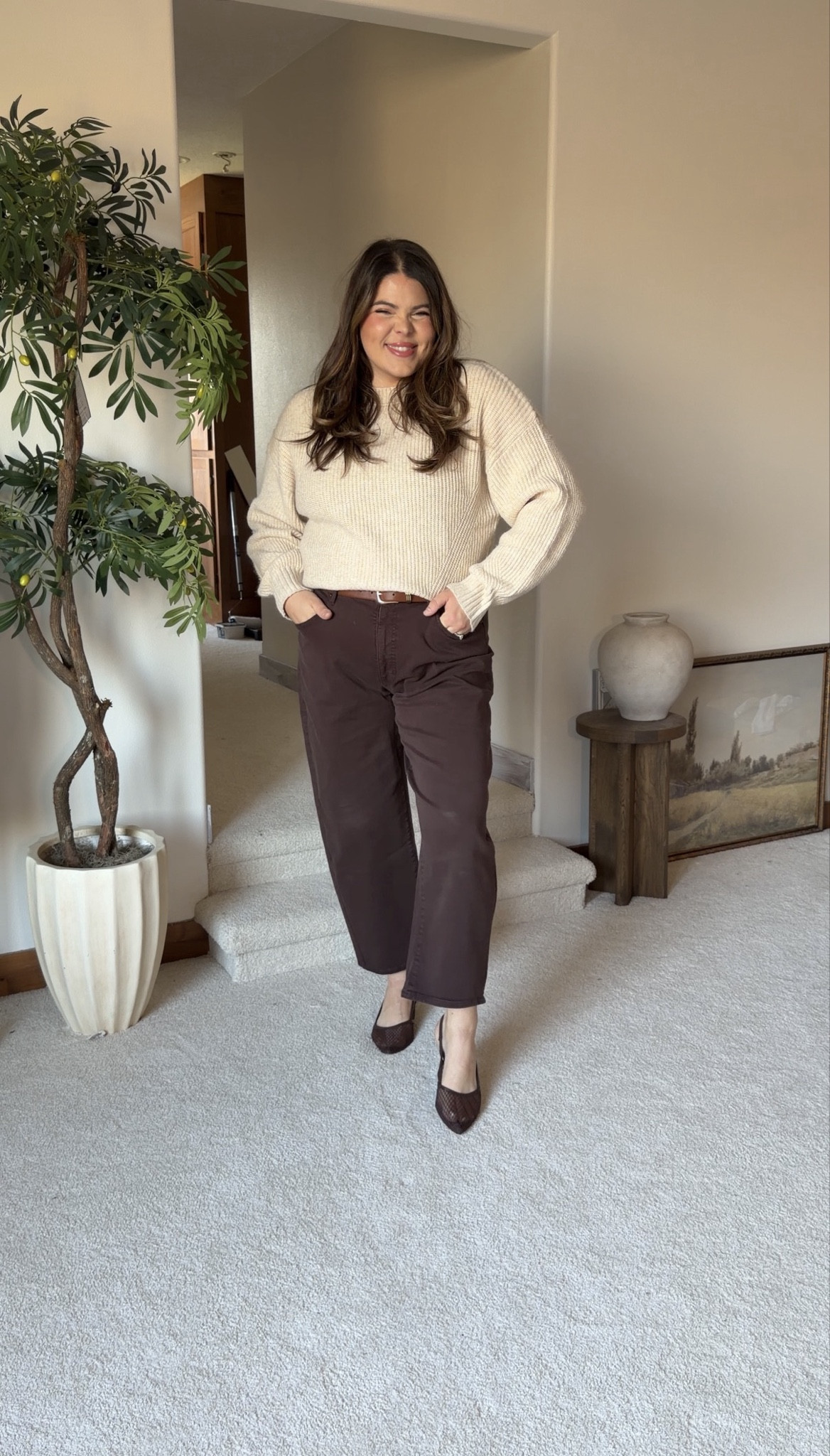 Thanksgiving or fall / winter work outfit idea! Midsize approved 

Wearing 14 in barrel leg jeans and large in the crew neck sweater 

Fall outfit, Christmas party, holiday party, Thanksgiving, winter outfit 

#LTKHoliday #LTKWorkwear #LTKMidsize