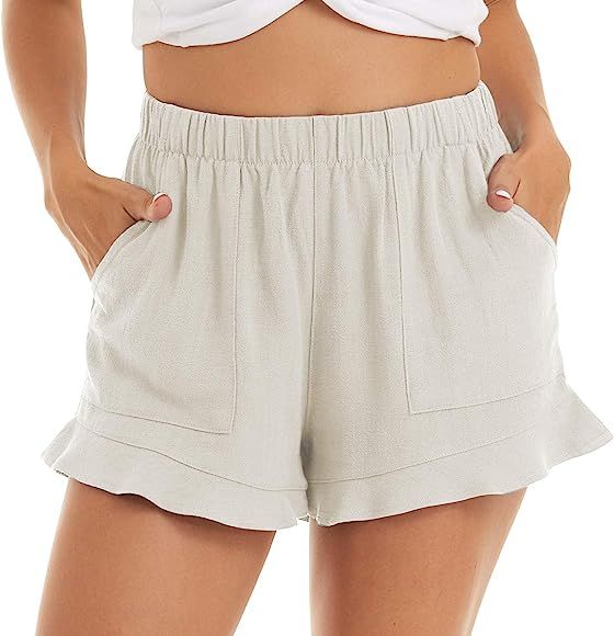 FASKUNOIE Women's Casual Short Shorts Ruffle Hem Comfy Elastic Beach Shorts with Pockets | Amazon (US)