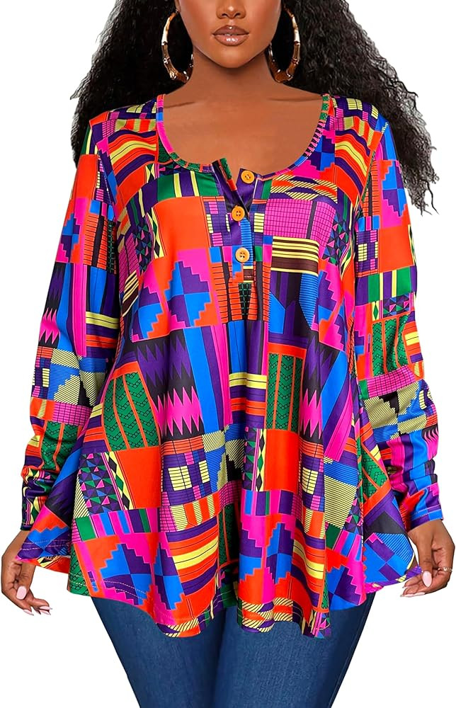 Afibi Women's Long Sleeve Henley T Shirts Button Down Loose Fit Tops Scoop Neck African Dashiki S... | Amazon (US)