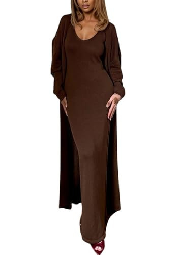LETSVDO Women's 2 Sweater Piece Set Knit Bodycon Maxi Dress Open Front Duster Long Cardigan Sets Cozy Lounge Outfits | Amazon (US)