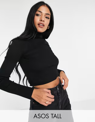 ASOS DESIGN Tall roll neck crop top in rib in black | ASOS | ASOS (Global)