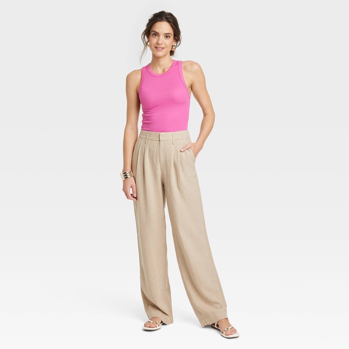 Women's High-Rise Linen Pleat Front Straight Pants - A New Day™ Tan 6 | Target