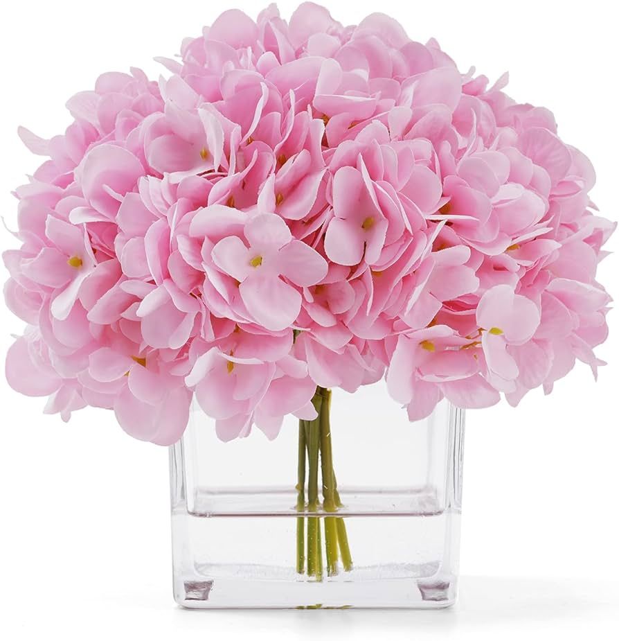 rubystory Silk Pink Hydrangea Artificial Flowers in Vase with Faux Water, Silk Flower Arrangement... | Amazon (US)