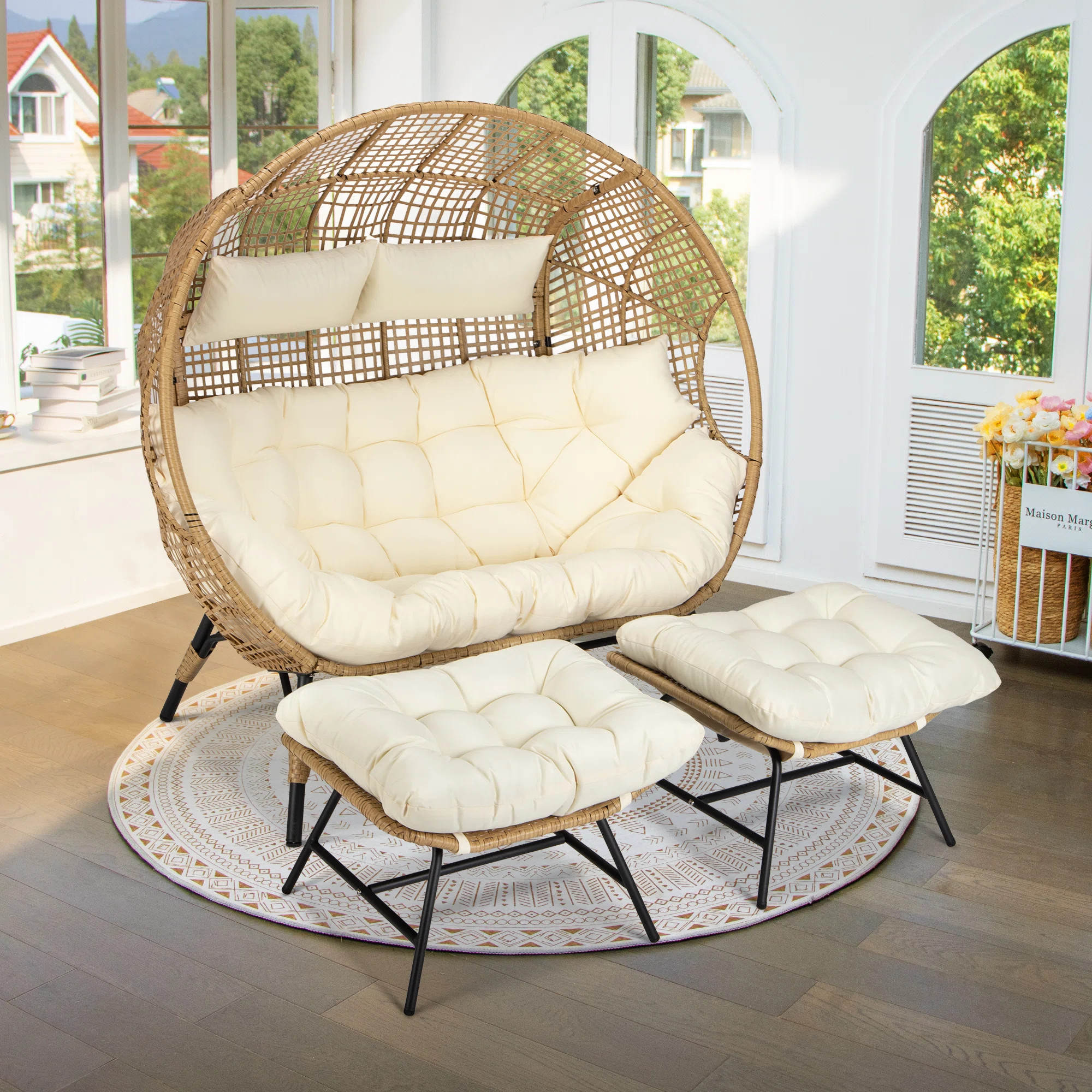 Daleigh 2 Person Outdoor Club Chair Wicker Lounge Egg Chair with Ottomans and Cushion | Wayfair North America