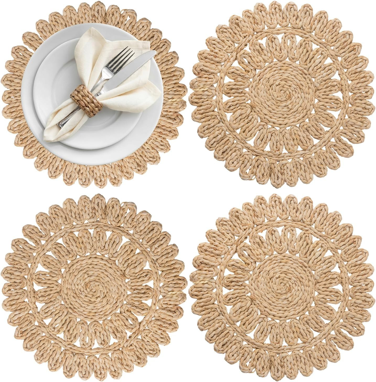 13.8" Round Corn Husk Placemats | Boho Woven Rattan Table Mats | Natural Spring Farmhouse Plate Chargers | Handmade Rustic Wicker Place Mats for Christmas Wedding (Set of 4) | Amazon (US)