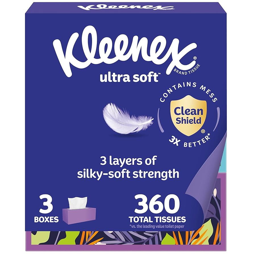 Kleenex Ultra Soft Facial Tissues, 3 Flat Boxes, 120 Tissues per Box, 3-Ply (360 Total), Packagin... | Amazon (US)