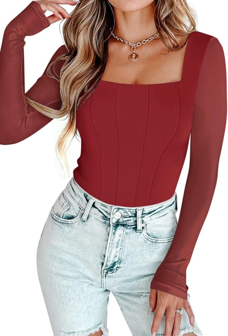 PINKMSTYLE Womens Square Neck Mesh Long Sleeve Bodysuit Shapewear Corset Tops Sexy Concert Outfit... | Amazon (US)